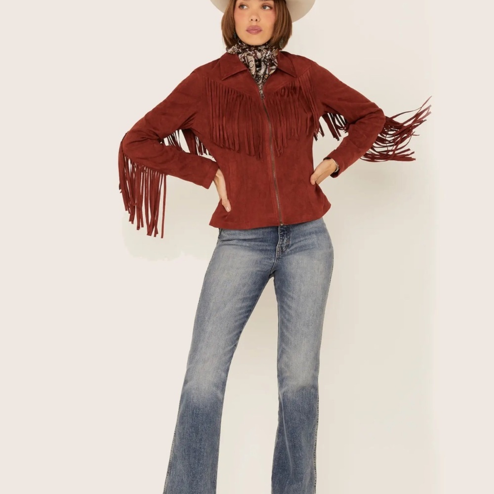 FORNIA FRINGE,FRONT,BACK & SLEEVES JACKET EUC SZ M, RUST COLOR